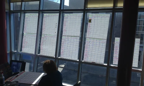 People in meeting looking at white boards