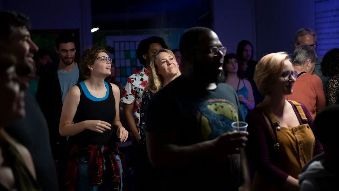 People gathered at an art show